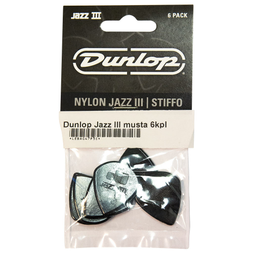 Dunlop Nylon Jazz III Black Stiffo Point Tip Pick 6-Pack